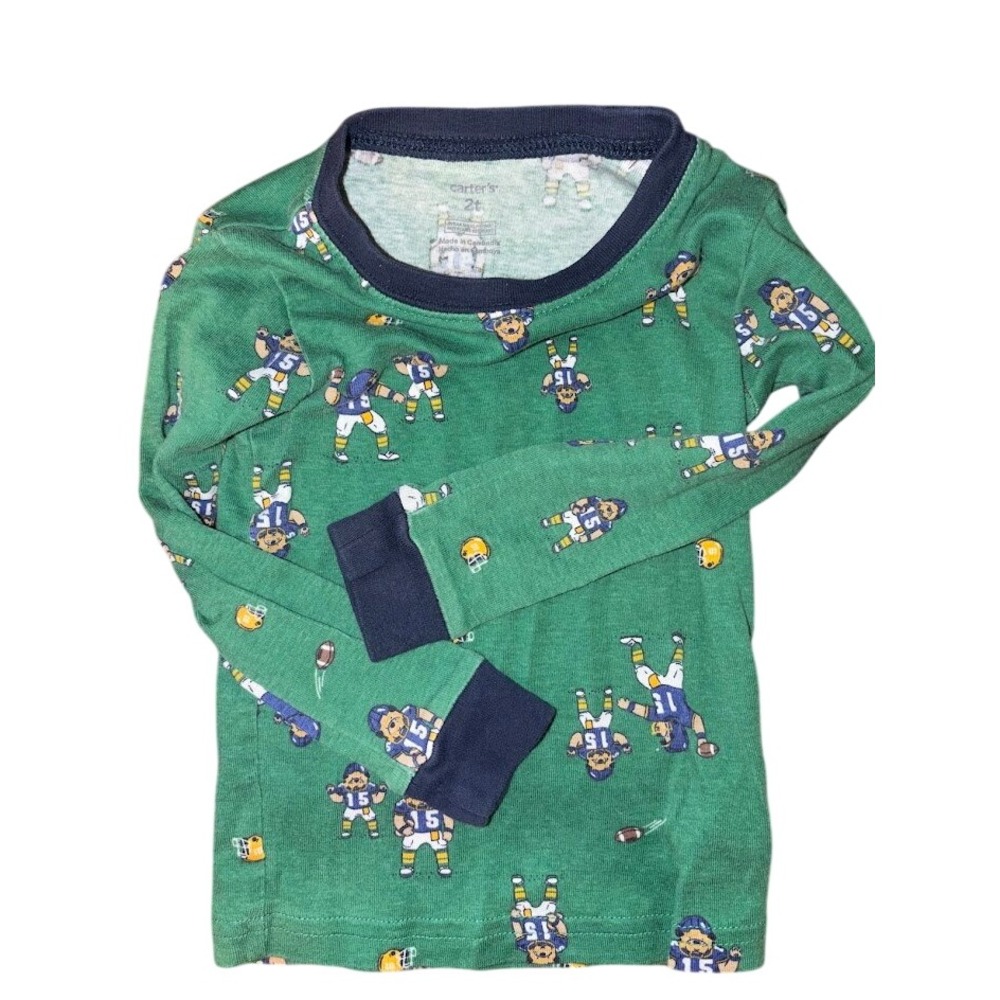 Carters Toddler Boys Green Football Bear Pajama Top Long Sleeve Size 2T